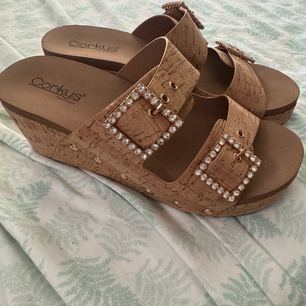 Corkys Women's Cork Wedge Sandals with Rhinestone Buckle